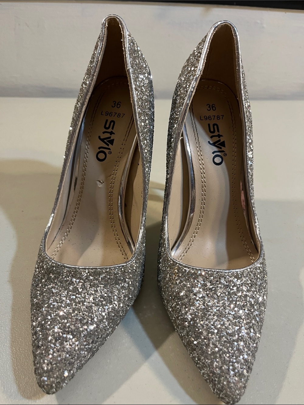 Silver Glitter Pointed-Toe Heels - Women's